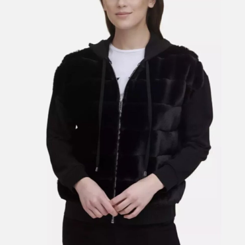 New DKNY Women's Faux Fur Mixed Media‎ Hooded Zip Jacket size L Black